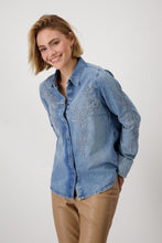 Load image into Gallery viewer, MONARI  Lux Denim Blouse with Lace.        409492
