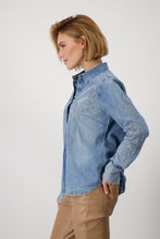 Load image into Gallery viewer, MONARI  Lux Denim Blouse with Lace.        409492
