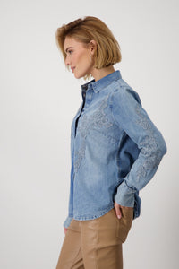 MONARI  Lux Denim Blouse with Lace.        409492