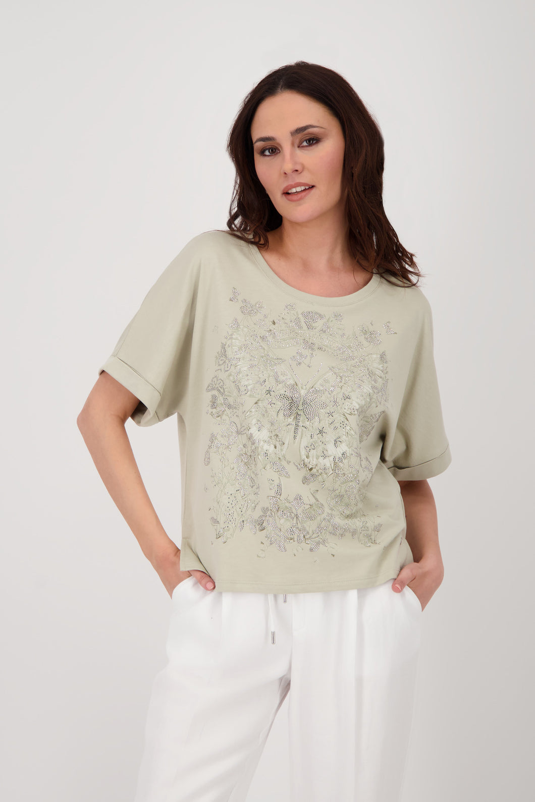 MONARI Round Neck Top       Lux Butterfly print/Rhinestones.               409695
