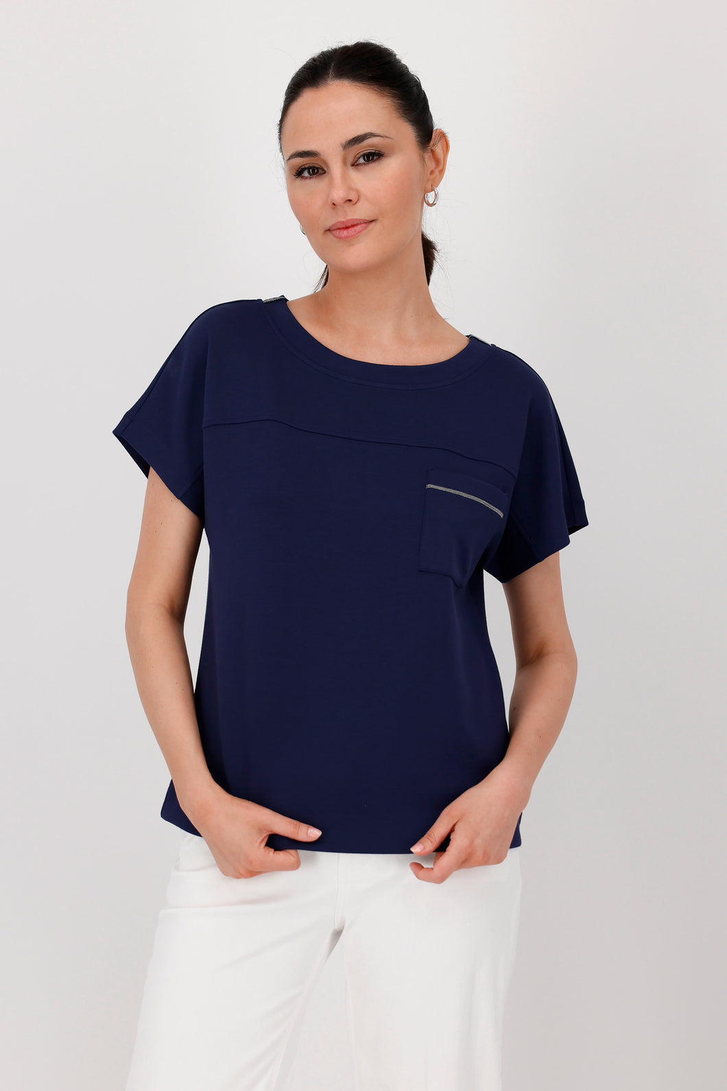 MONARI  Round Neck Top. Chain on pocket.      409880