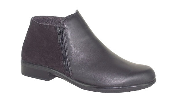 NAOT. HELM. Side zip ankle boot.   Black leather/suede.