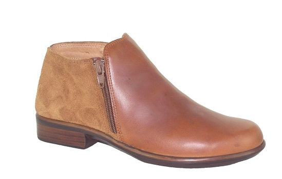 NAOT. HELM.  Side zip ankle boot.    Maple leather/Desert suede.
