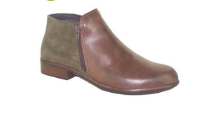 NAOT. HELM. Side zip ankle boot.         Pecan Leather/Olive suede.