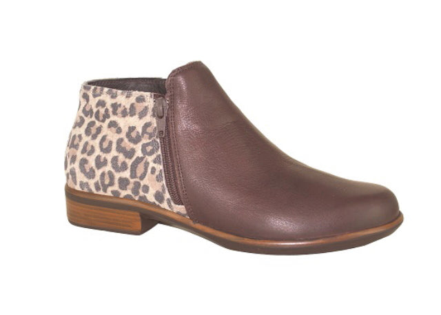 NAOT.   HELM .... Side zip ankle boot.  Brown leather/Cheetah